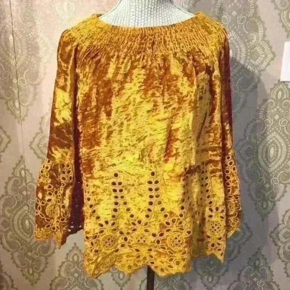 John Mark  Smocked Velvet Eyelet Off Shoulder Long Marigold Top Blouse M - Picture 1 of 5